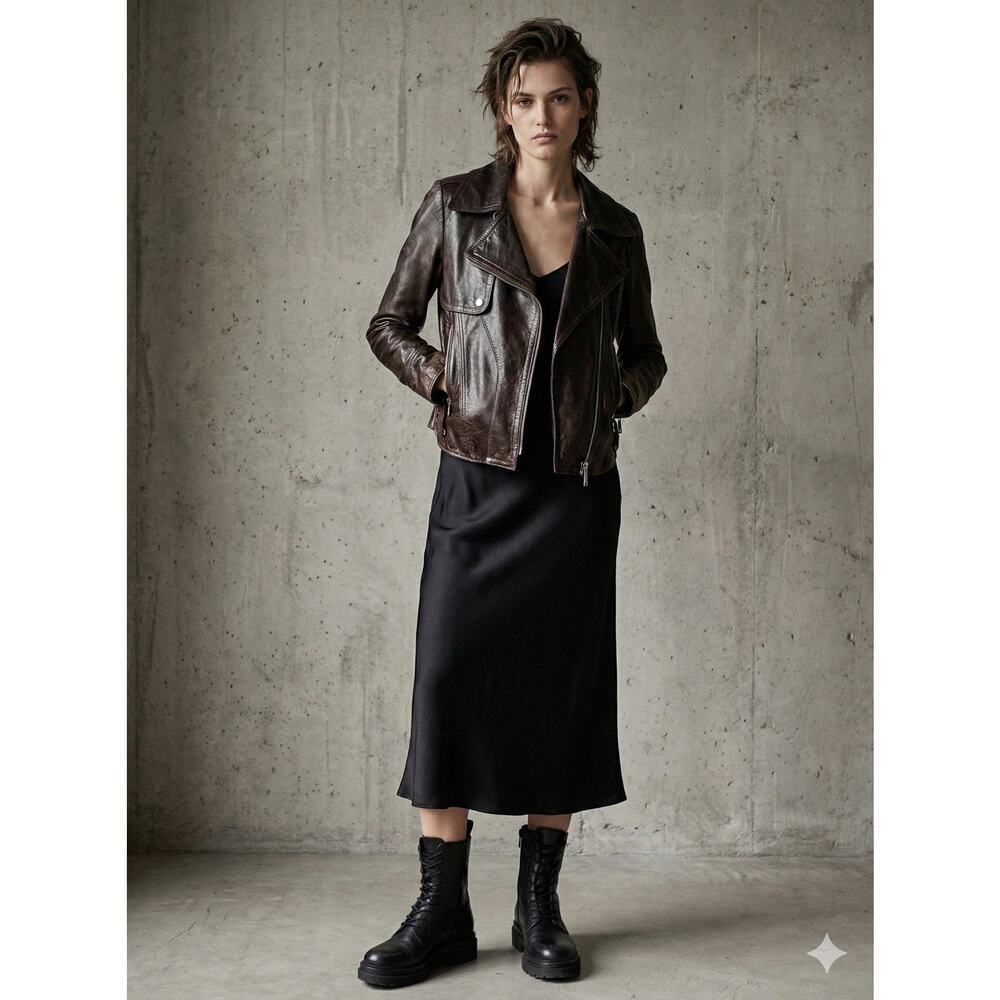 MICHAA Women Brown Soft Leather Biker Jacket Sz 6 Asymmetric Korean 90’s Grunge
